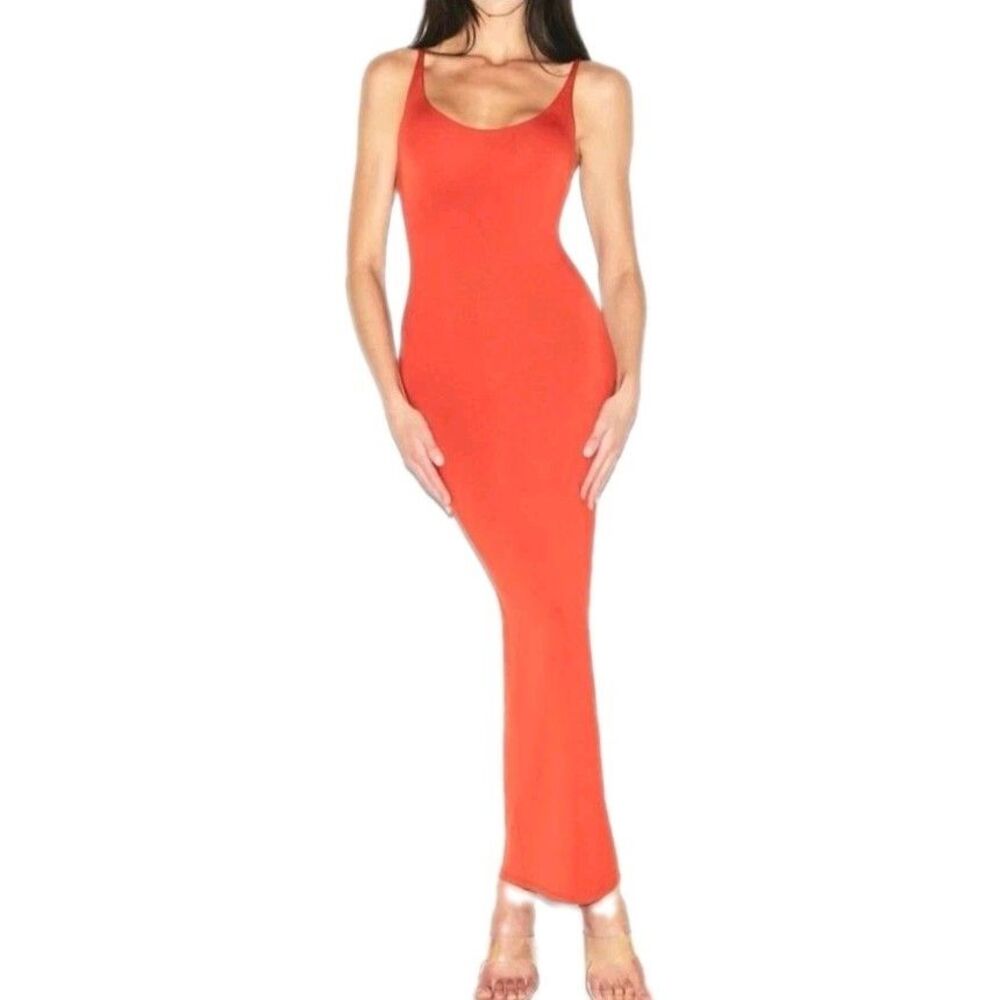 SKIMS Soft Lounge Ribbed Long Slip Maxi Dress Bodycon Size XS Orange